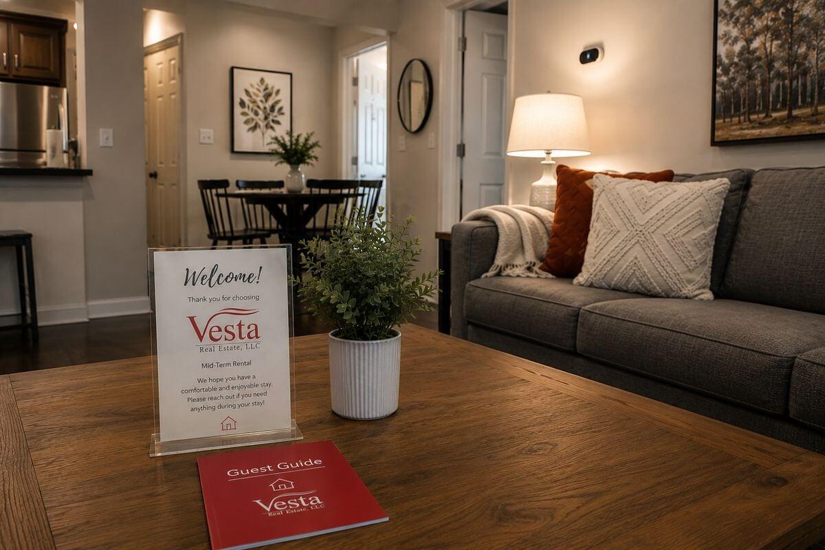 Furnished mid-term rental kitchen with Vesta Real Estate guest guide